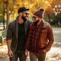 amorevole omosessuale coppia è godendo un' romantico autunno giorno ai generativo foto