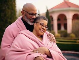 amorevole vecchio africano americano coppia è godendo un' romantico inverno giorno ai generativo foto