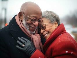 amorevole vecchio africano americano coppia è godendo un' romantico inverno giorno ai generativo foto