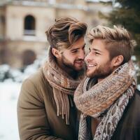 amorevole omosessuale coppia è godendo un' romantico inverno giorno ai generativo foto