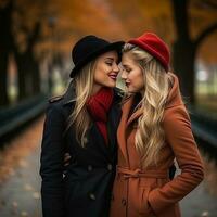amorevole omosessuale womans coppia è godendo un' romantico autunno giorno ai generativo foto
