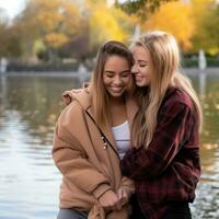 amorevole omosessuale womans coppia è godendo un' romantico autunno giorno ai generativo foto