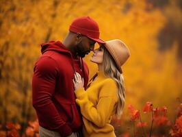 amorevole interrazziale coppia è godendo un' romantico autunno giorno ai generativo foto