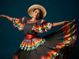 40 anno vecchio messicano donna nel emotivo dinamico posa su solido sfondo ai generativo foto