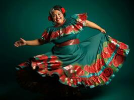 50 anno vecchio messicano donna nel emotivo dinamico posa su solido sfondo ai generativo foto