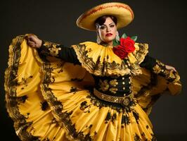 50 anno vecchio messicano donna nel emotivo dinamico posa su solido sfondo ai generativo foto