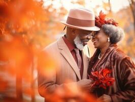 amorevole vecchio africano americano coppia è godendo un' romantico autunno giorno ai generativo foto