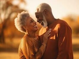 amorevole vecchio africano americano coppia è godendo un' romantico autunno giorno ai generativo foto