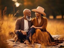 amorevole vecchio africano americano coppia è godendo un' romantico autunno giorno ai generativo foto