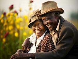 amorevole vecchio africano americano coppia è godendo un' romantico autunno giorno ai generativo foto