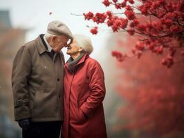 amorevole vecchio coppia è godendo un' romantico autunno giorno ai generativo foto