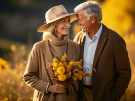 amorevole vecchio coppia è godendo un' romantico autunno giorno ai generativo foto