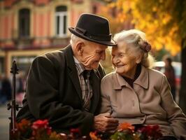 amorevole vecchio coppia è godendo un' romantico autunno giorno ai generativo foto