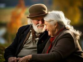 amorevole vecchio coppia è godendo un' romantico autunno giorno ai generativo foto