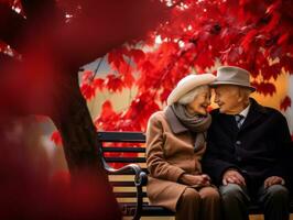 amorevole vecchio coppia è godendo un' romantico autunno giorno ai generativo foto