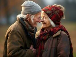 amorevole vecchio coppia è godendo un' romantico autunno giorno ai generativo foto