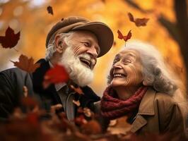 amorevole vecchio coppia è godendo un' romantico autunno giorno ai generativo foto