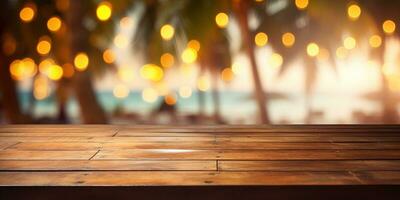 generativo ai, tropicale estate tramonto spiaggia bar sfondo. di legno tavolo superiore Prodotto Schermo vetrina vuoto palcoscenico. foto