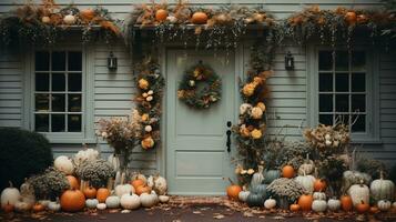 generativo ai, Halloween e ringraziamento decorazione per casa e celebrazione concetto, zucche e impianti, autunno sfondo foto