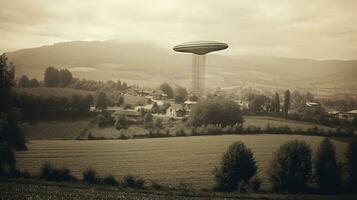 generativo ai, ufo al di sopra di il italiano paesaggio Vintage ▾ foto, alieni Testimoni retrò 1930 stile fotografia foto