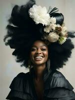 africano nero donna ritratto, carino ragazza azione foto sfondo, generativo ai