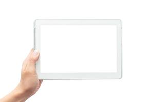 mano che tiene il computer tablet su sfondo bianco con tracciato di ritaglio foto