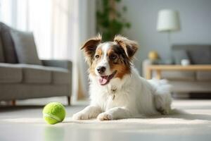 cane assunzione via il suo guinzaglio e giocando con verde palla foto