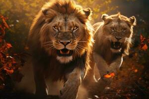 il leoni in esecuzione selvaggio nel davanti di un' naturale sfondo foto