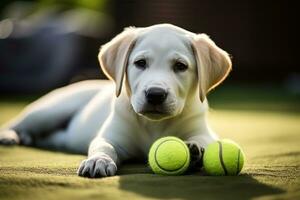 cane assunzione via il suo guinzaglio e giocando con verde palla foto