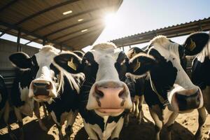 mucche dentro moderno latteria azienda agricola foto