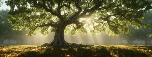 vecchio quercia albero fogliame nel mattina leggero con luce del sole. ai generato foto