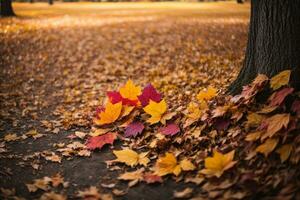 autunno colorato luminosa le foglie oscillante nel un' albero nel autunnale parco. autunno colorato sfondo, autunno sfondo. ai generato foto