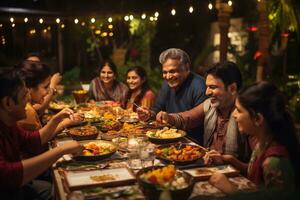 indiano famiglia mangiare e potabile a cenare tavolo a casa nel il sera generativo ai foto