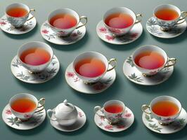 un' numero di tazze e piattini con tè nel loro. ai generato foto