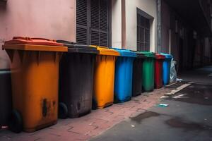 spazzatura plastica contenitori su il città strada, spazzatura Potere. ecologico concetto. ordinamento spazzatura. ai generato illustrazione. foto