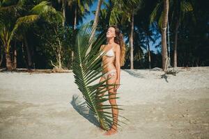 giovane magro donna nel bianca bikini costumi da bagno Tenere foglia di palma albero foto