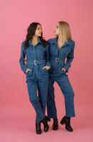 Due eccitato attraente ragazza amici attivo donne in posa su rosa sfondo nel denim complessivamente avendo divertimento insieme moda tendenza foto