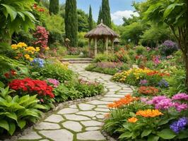 un' giardino pieno con molte di fiori e un' gazebo. ai generato foto