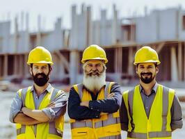 costruzione luogo lavoratori in piedi con piegato braccia indossare sicurezza giubbotti e caschi. foto