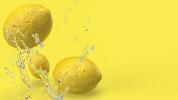il Limone e acqua spruzzo su giallo sfondo per cibo o bevanda concetto 3d interpretazione foto