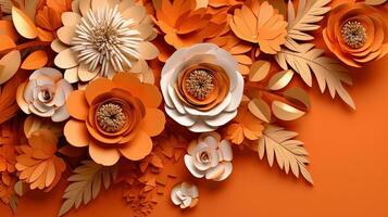 generativo ai, carta tagliare mestiere fiori e foglie, albicocca schiacciare arancia colore, origami strutturato sfondo, primavera umore. floreale telaio disposizione.. foto