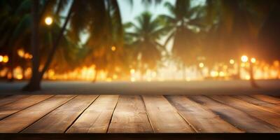 generativo ai, tropicale estate tramonto spiaggia bar sfondo. di legno tavolo superiore Prodotto Schermo vetrina vuoto palcoscenico. foto