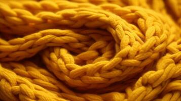 generativo ai, a maglia giallo maglione struttura avvicinamento, giallo o leggero arancia astratto sfondo, color senape fondale foto