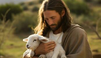 Gesù recuperato il perso pecora trasporto esso nel braccia. biblico storia concettuale tema. foto