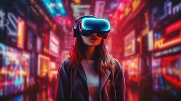 generativo ai, bellissimo donna nel vr bicchieri nel neon spazio strada, virtuale la realtà cuffia nel cyberspazio foto