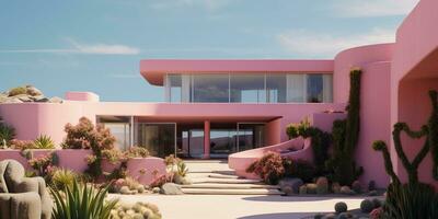 generativo ai, futuristico lusso rosa Casa circondato di lussureggiante verdura foto