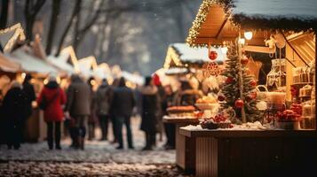 generativo ai, Natale giusto sfocato sfondo, inverno strada mercato nel Europa foto