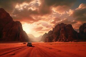 generativo ai, via strada auto guida su un' avvolgimento montagna deserto strada, circondato di mozzafiato visualizzazioni di il aspro terreno foto