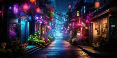 generativo ai, notte scena di grande tokyo città nel cyberpunk stile, futuristico nostalgico anni 80, anni 90. neon luci vivace colori, fotorealistico orizzontale illustrazione foto