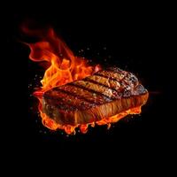 gustoso caldo grigliato bistecca nel un' fiamma su un' nero sfondo. ai creare foto